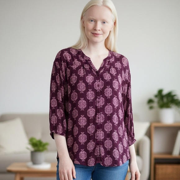 Wonderly Tops - Wonderly Plum and Lavender Patterned Blouse Size L